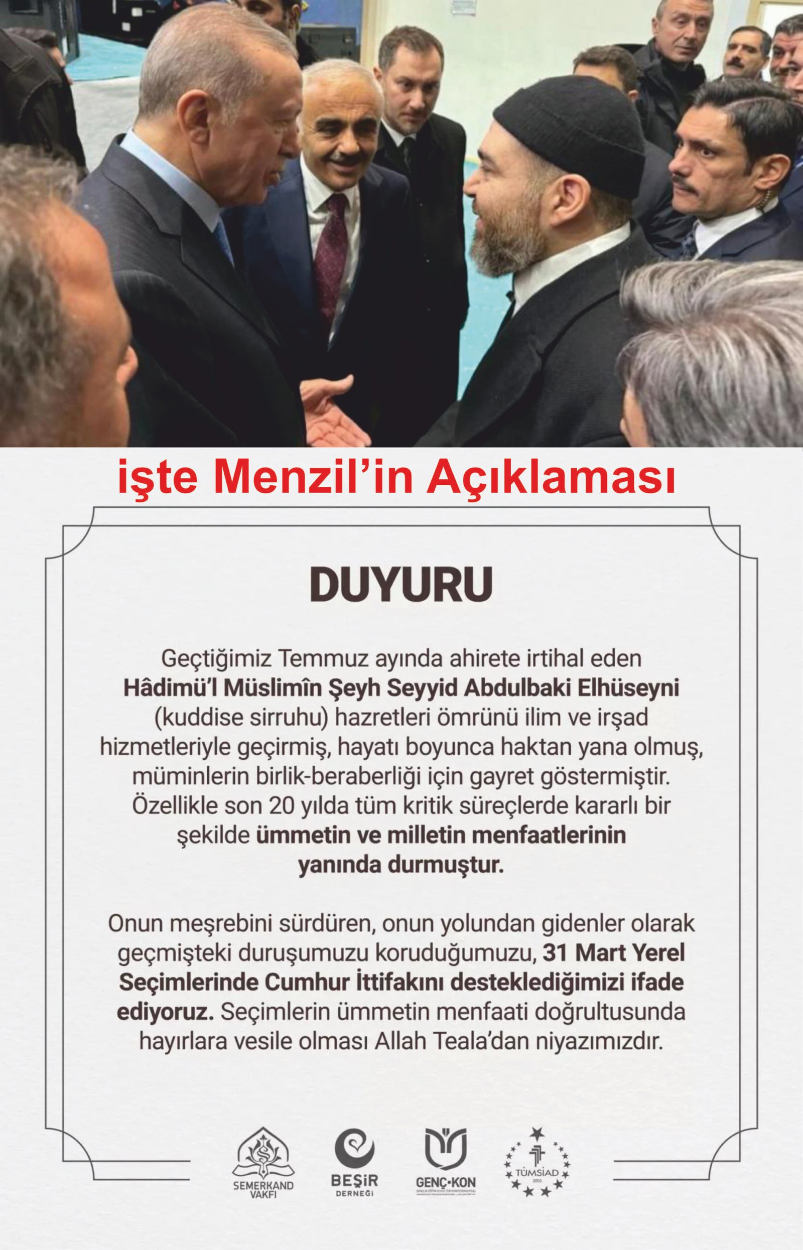 MENZİL’DEN CUMHUR İTTİFAKI’NA DESTEK AÇIKLAMASI